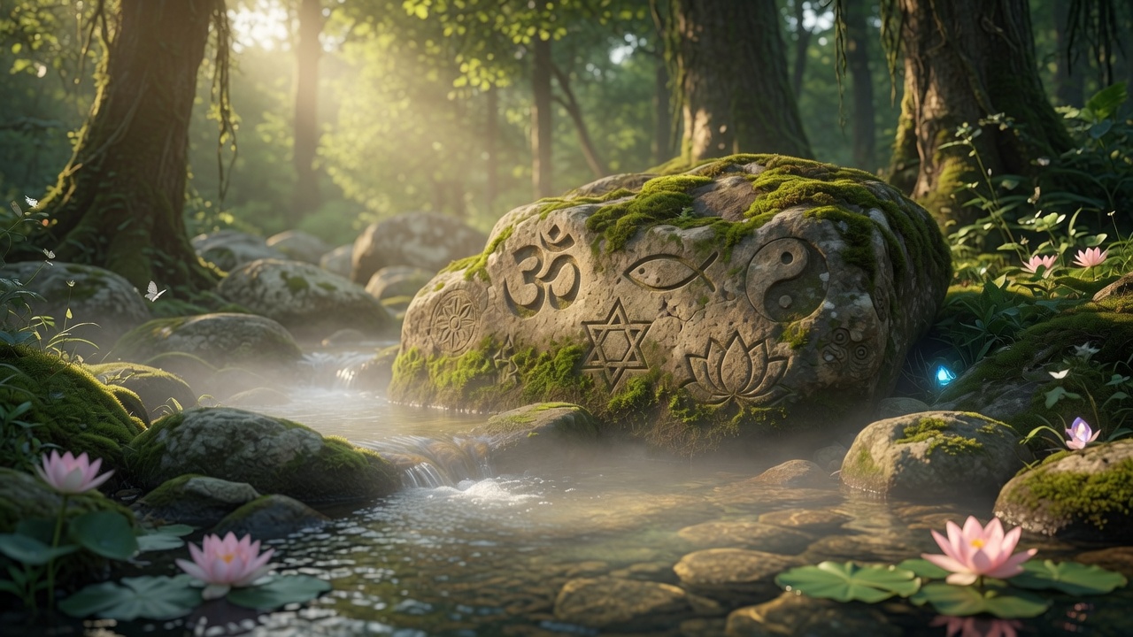 A moss-covered stone carved with the symbols of many faiths beside a forest stream